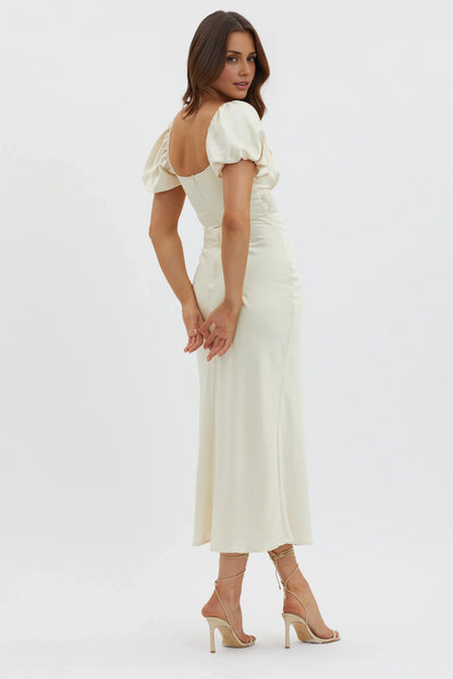Fashionable fully lined bubble sleeve lace waist and back with zipper bridesmaid dress