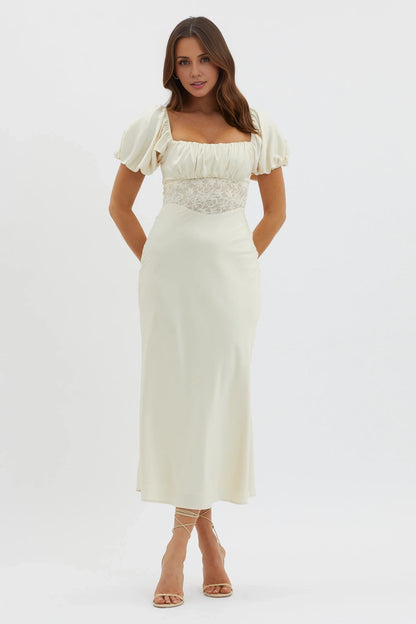 Fashionable fully lined bubble sleeve lace waist and back with zipper bridesmaid dress