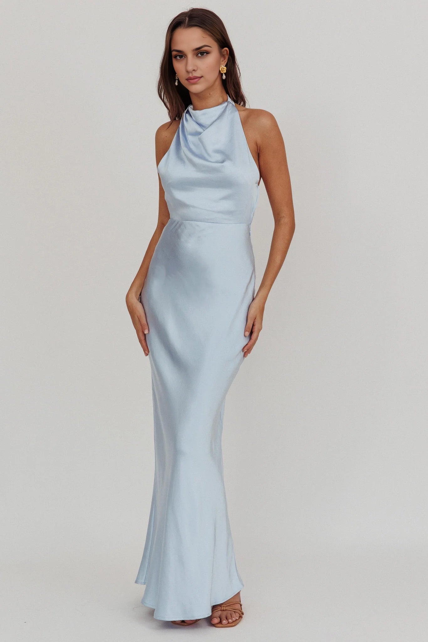 Fashionable high backless, unlined, high hanging neck, side zipper bridesmaid dress