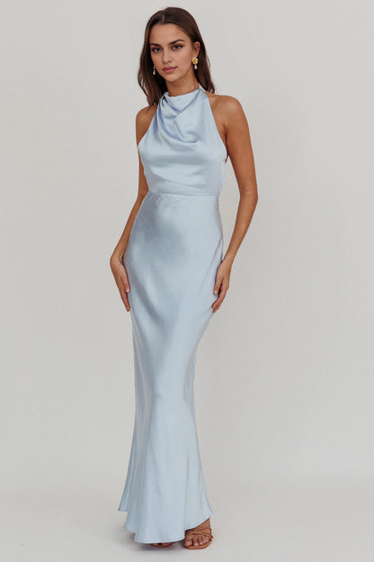 Fashionable high backless, unlined, high hanging neck, side zipper bridesmaid dress
