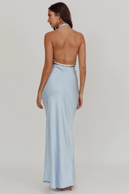Fashionable high backless, unlined, high hanging neck, side zipper bridesmaid dress