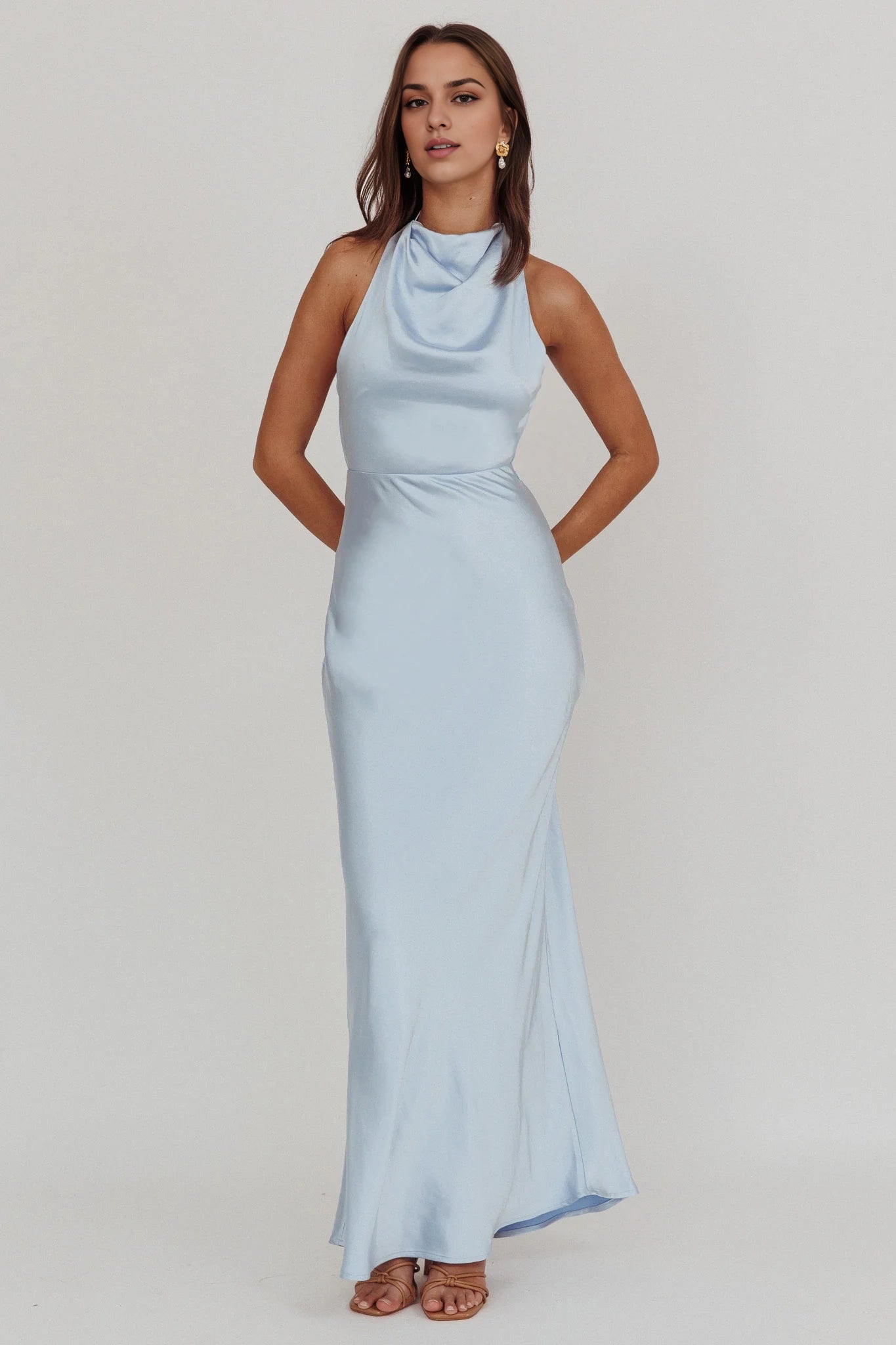 Fashionable high backless, unlined, high hanging neck, side zipper bridesmaid dress