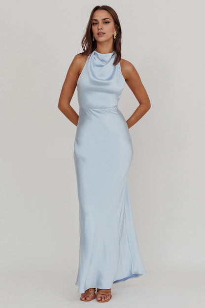 Fashionable high backless, unlined, high hanging neck, side zipper bridesmaid dress