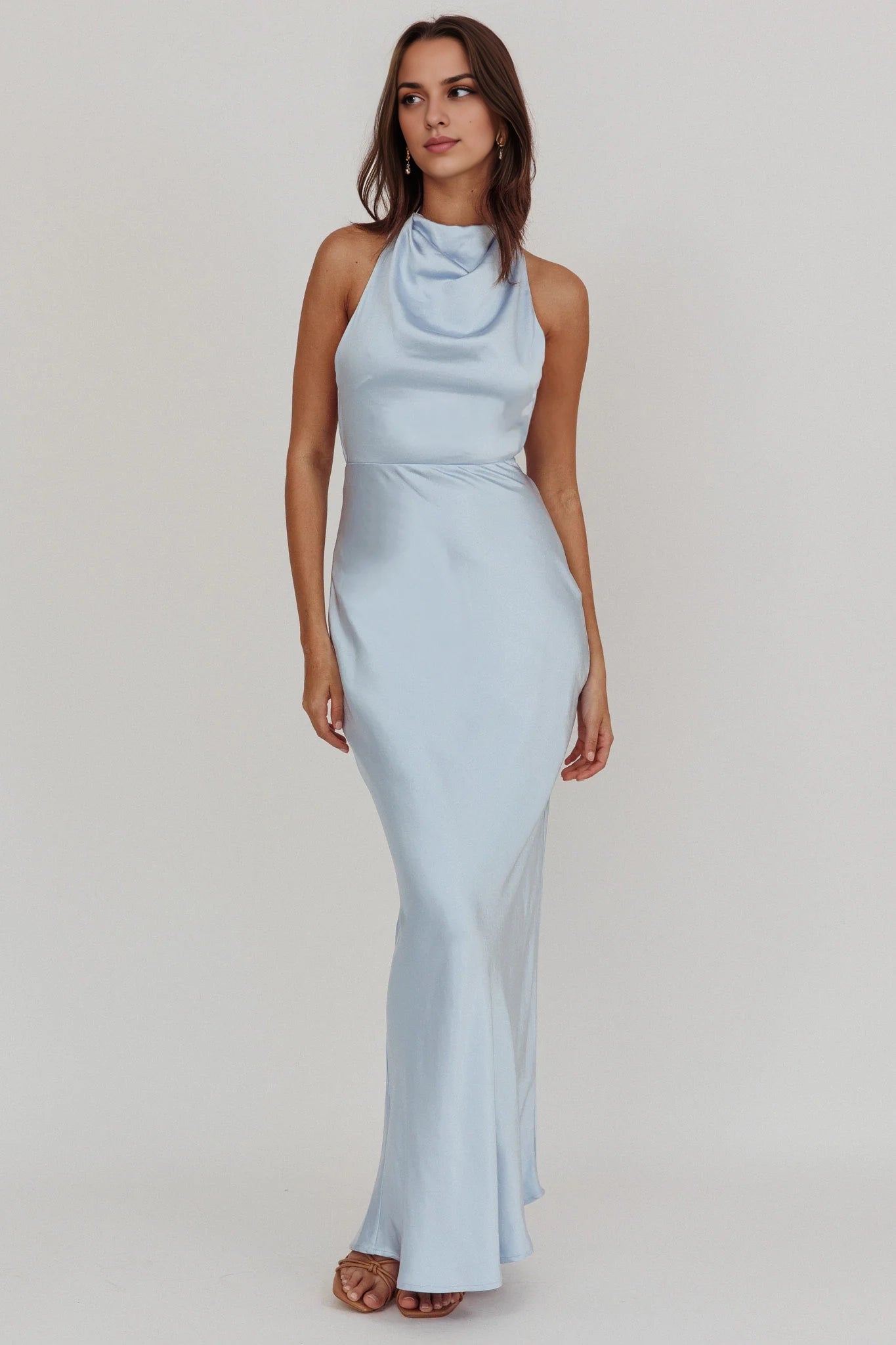 Fashionable high backless, unlined, high hanging neck, side zipper bridesmaid dress