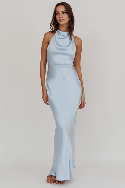 Fashionable high backless, unlined, high hanging neck, side zipper bridesmaid dress