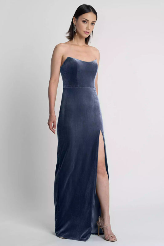 Fashionable off shoulder round neck velvet high slit design with slim fit skirt and bold side slit Evening Dresses