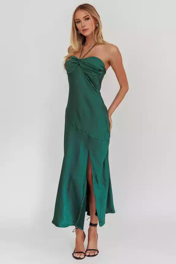 Fashionable satin bust with lining, heart-shaped neckline without shoulder straps, front slit, side zipper, Bridesmaid Dresses