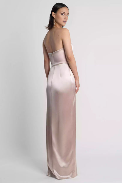 Fashionable satin crepe off shoulder round neck high slit slim fit skirt paired with bold side slits Evening Dresses