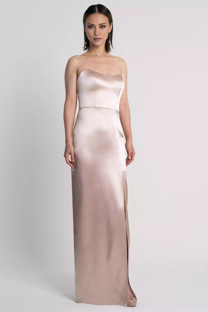 Fashionable satin crepe off shoulder round neck high slit slim fit skirt paired with bold side slits Evening Dresses