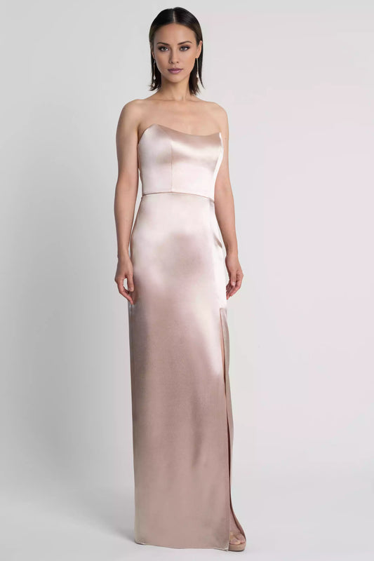 Fashionable satin crepe off shoulder round neck high slit slim fit skirt paired with bold side slits Evening Dresses