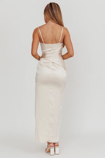 Fashionable satin long thin shoulder strap V-neck side leg slit bridesmaid dress