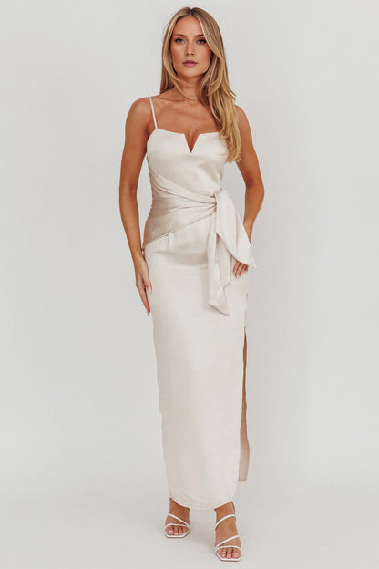 Fashionable satin long thin shoulder strap V-neck side leg slit bridesmaid dress