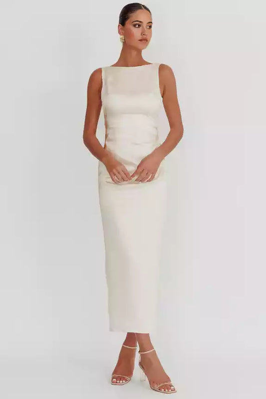 Fashionable satin mid length backless detail with slit and half lining bow details Prom Dresses