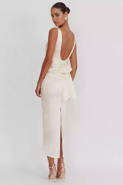 Fashionable satin mid length backless detail with slit and half lining bow details Prom Dresses
