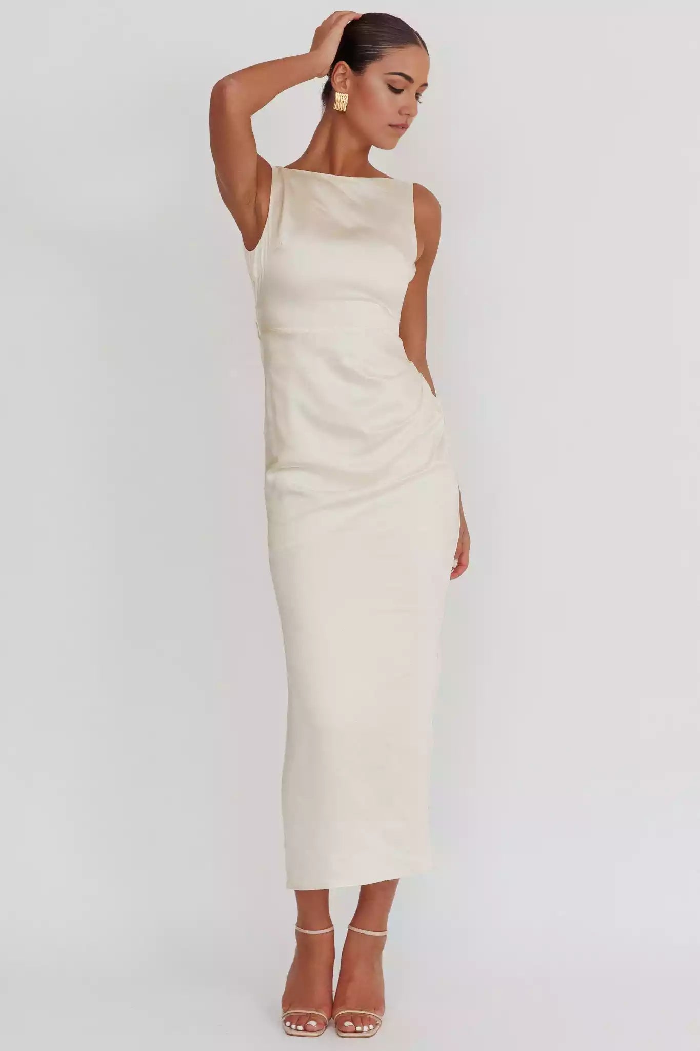 Fashionable satin mid length backless detail with slit and half lining bow details Prom Dresses