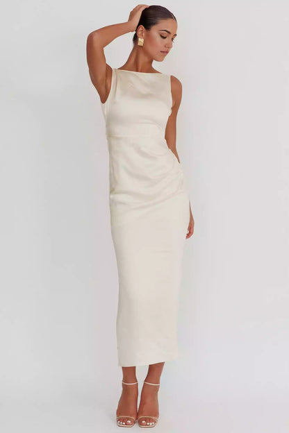Fashionable satin mid length backless detail with slit and half lining bow details Prom Dresses