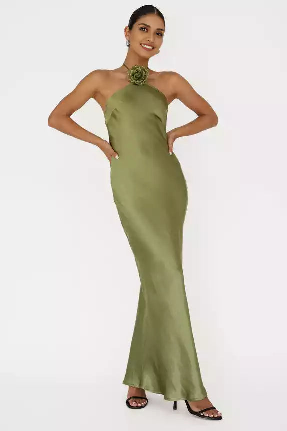 Fashionable satin unlined floral decoration with exposed back and zipper on the side Prom Dresses