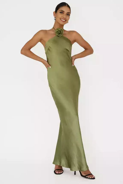 Fashionable satin unlined floral decoration with exposed back and zipper on the side Prom Dresses