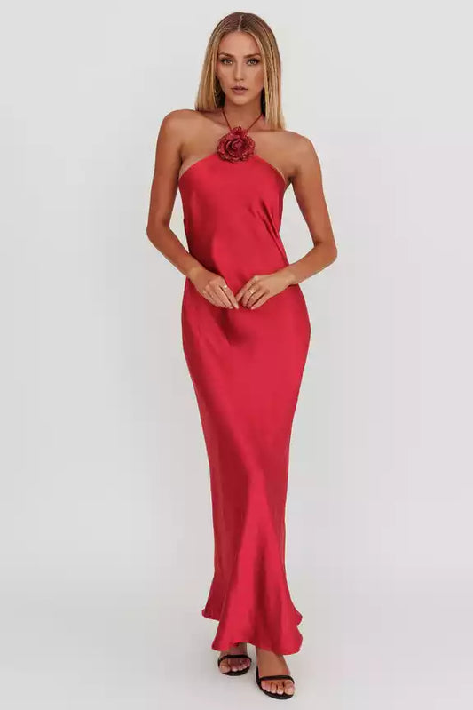 Fashionable satin unlined floral decoration with exposed back and zipper on the side Prom Dresses