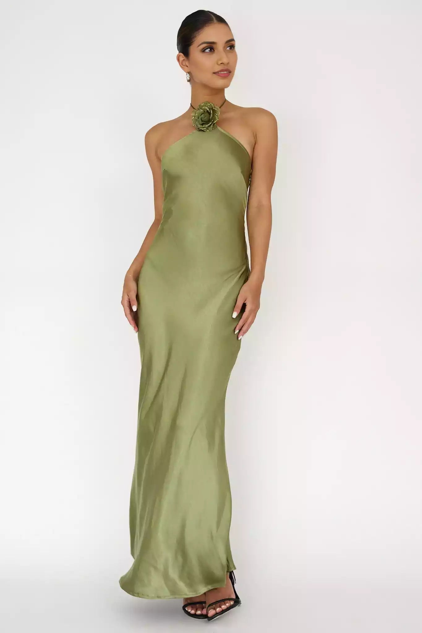 Fashionable satin unlined floral decoration with exposed back and zipper on the side Prom Dresses