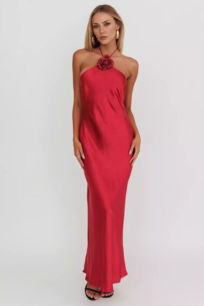 Fashionable satin unlined floral decoration with exposed back and zipper on the side Prom Dresses