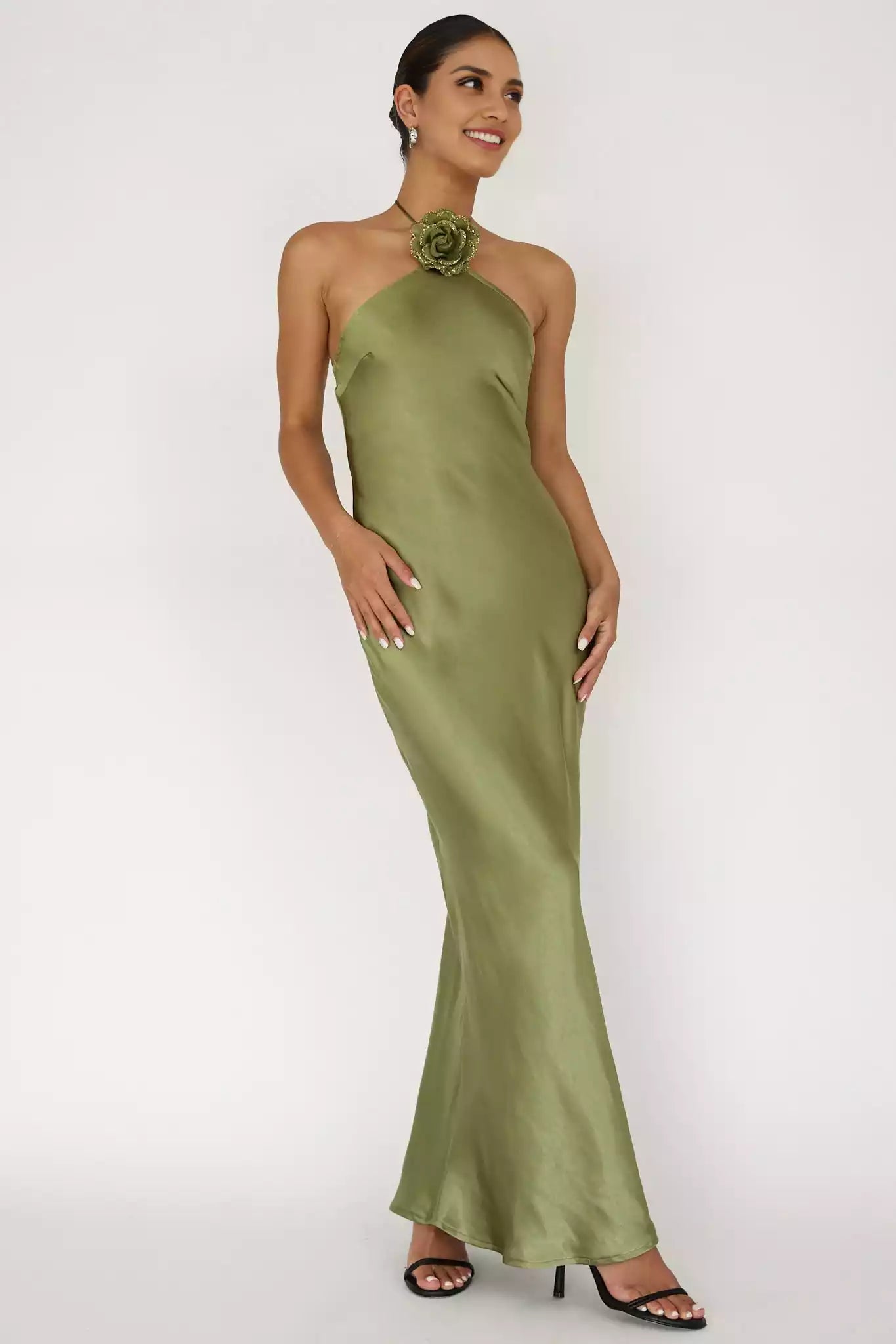 Fashionable satin unlined floral decoration with exposed back and zipper on the side Prom Dresses