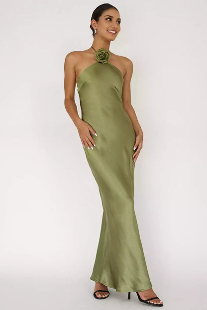 Fashionable satin unlined floral decoration with exposed back and zipper on the side Prom Dresses