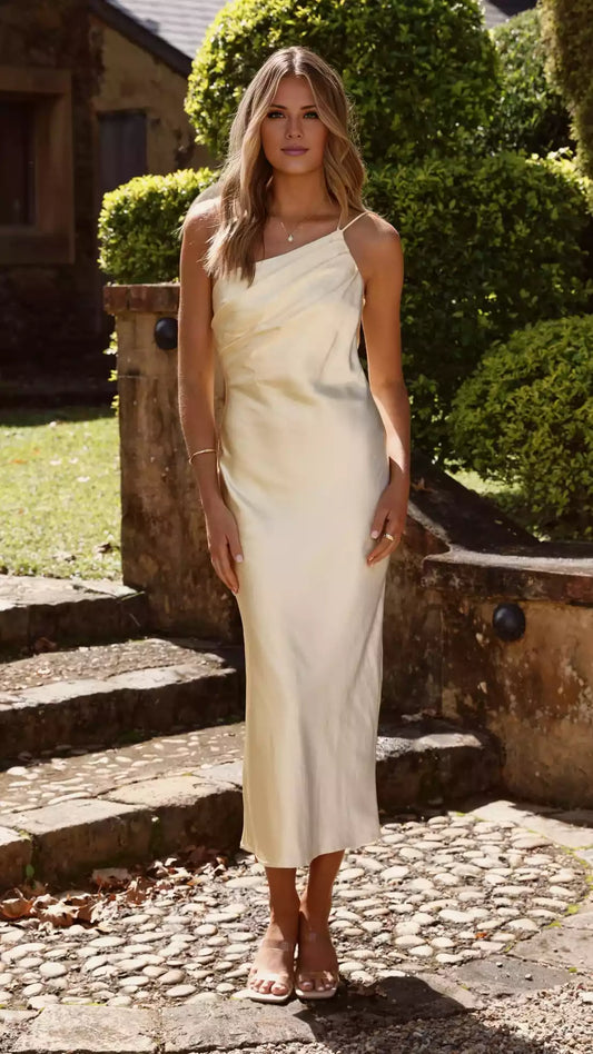 Fashionable single shoulder pleated double shoulder strap, backless wrap, wrapped front cross strap, Prom Dresses