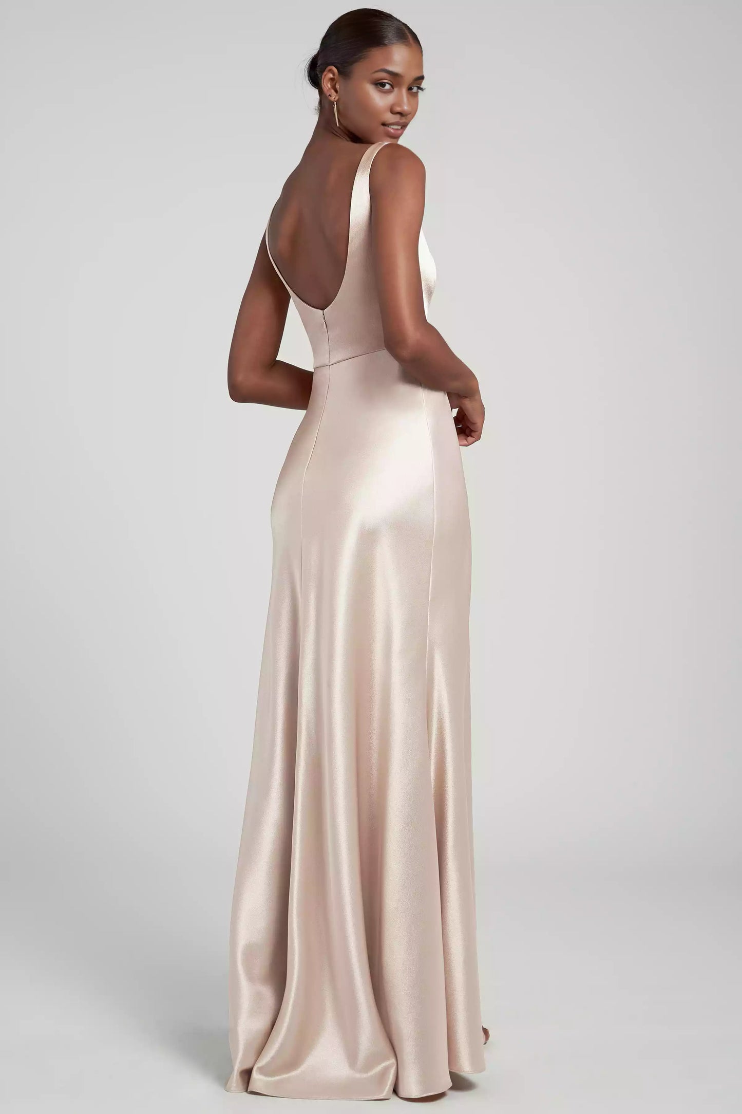 Fashionable square neckline, satin back, crepe, wide shoulder straps, diagonal cut skirt showcasing graceful curves Bridesmaid Dresses