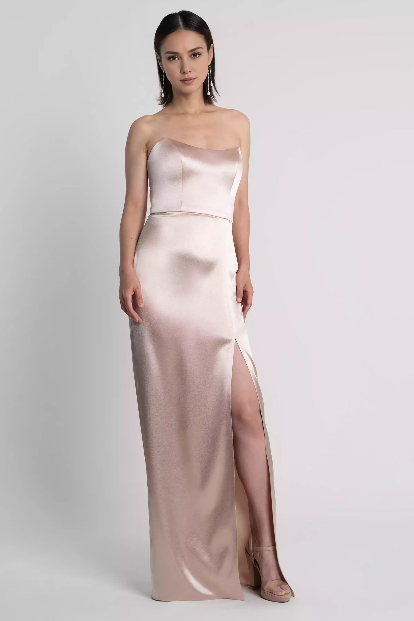 Fashionable strapless round neck natural waist seam slim fit side slit tight corset back mid zip Bridesmaid Dresses