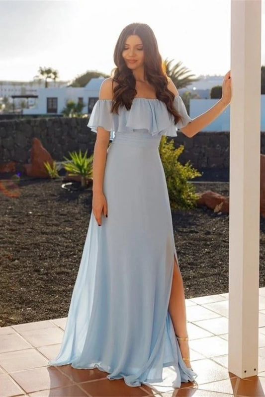 Elegant Bridesmaid in a Light Sky Blue Chiffon Long Ball Dress