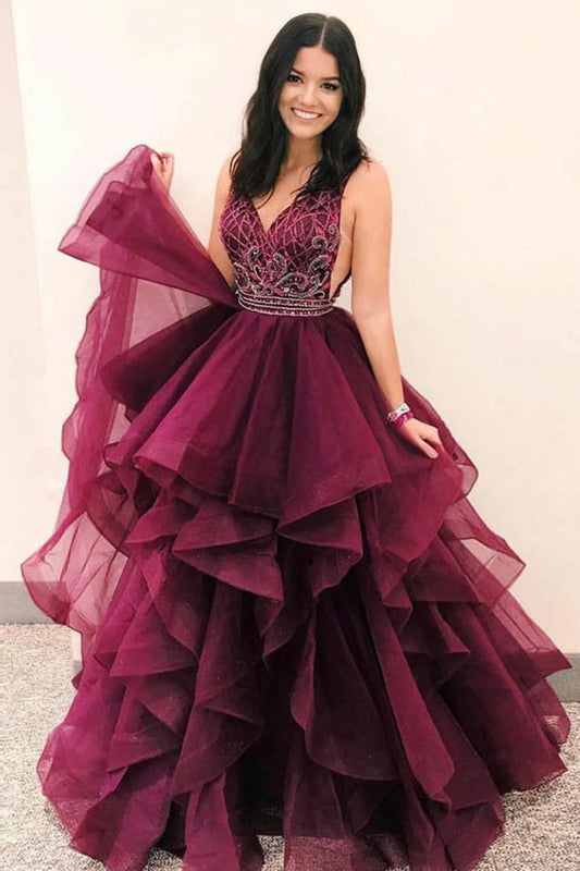 Formal ball long V-neck backless princess party dress