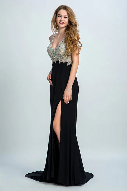 Black formal dress with full bead embellishments tight fitting corset backless chiffon sweeping dressBlack formal dress with full bead embellishments tight fitting corset backless chiffon sweeping dress