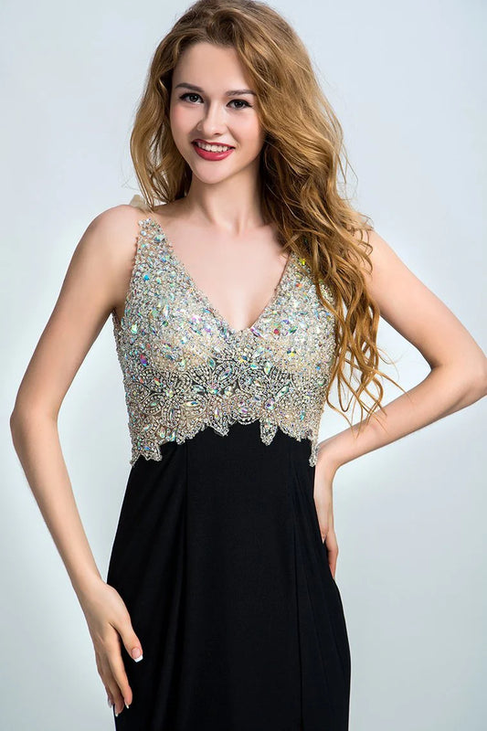 Black formal dress with full bead embellishments tight fitting corset backless chiffon sweeping dressBlack formal dress with full bead embellishments tight fitting corset backless chiffon sweeping dress