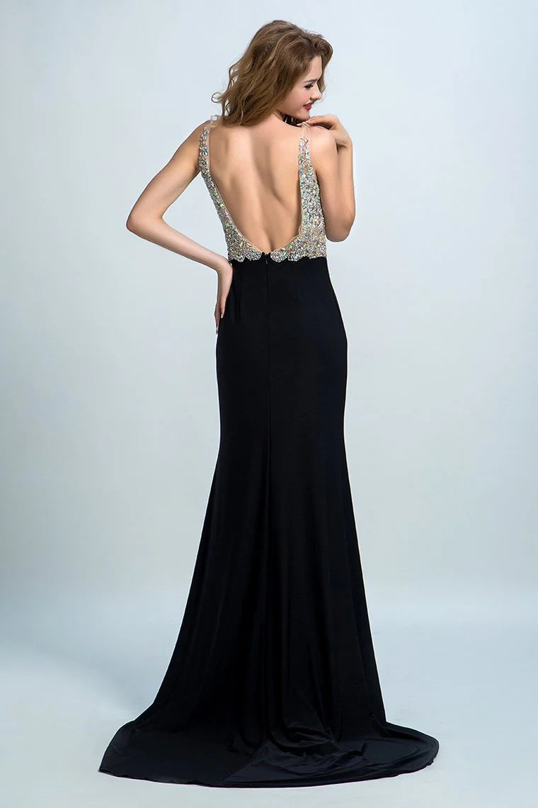 Black formal dress with full bead embellishments tight fitting corset backless chiffon sweeping dressBlack formal dress with full bead embellishments tight fitting corset backless chiffon sweeping dress