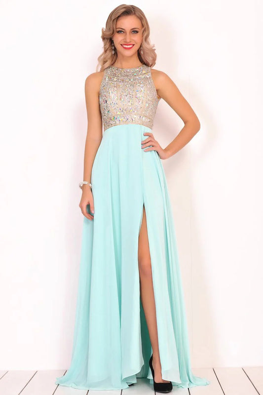 Formal Beaded Chiffon Split Backless Cocktail Ball Evening Dress