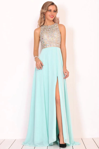 Formal Beaded Chiffon Split Backless Cocktail Ball Evening Dress