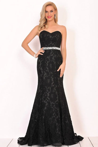Formal Elegant High Grade Black Sweetheart Beaded Waist Line Lace Mermaid Dress