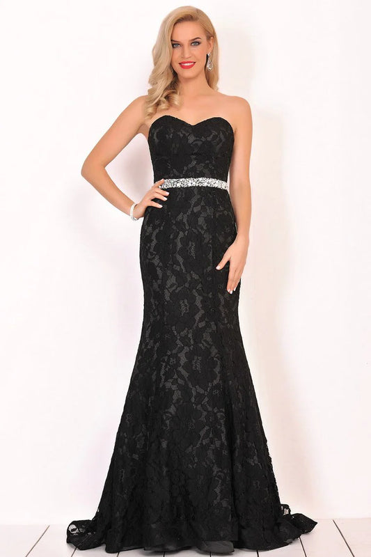 Formal Elegant High Grade Black Sweetheart Beaded Waist Line Lace Mermaid Dress