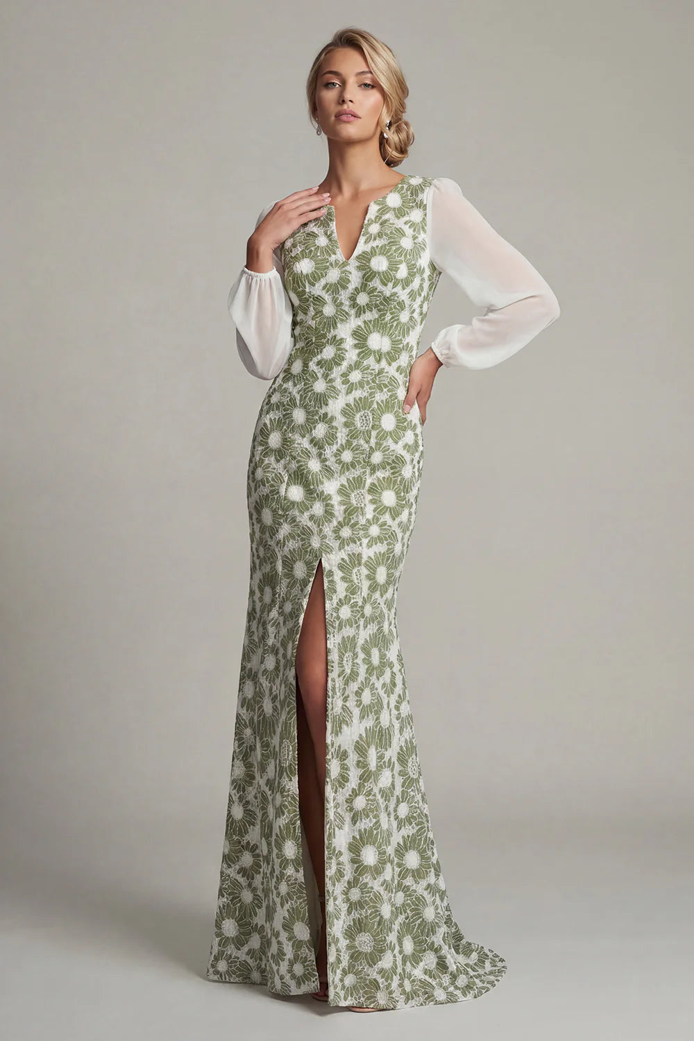 Fresh V-Neck Chiffon Puff Sleeve Green Daisy Floral Lace Mermaid Gown with Side Slit and Open Back Prom Dress