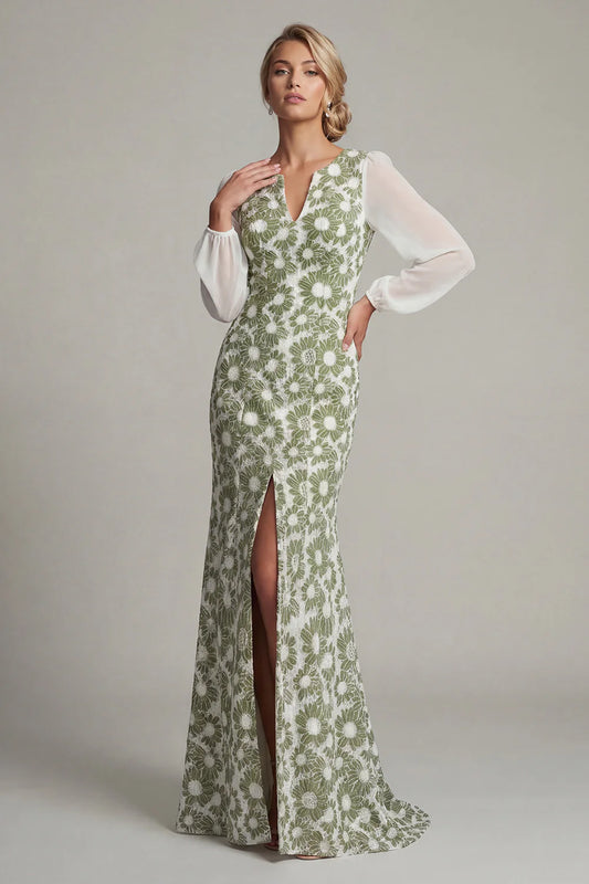 Fresh V-Neck Chiffon Puff Sleeve Green Daisy Floral Lace Mermaid Gown with Side Slit and Open Back Prom Dress