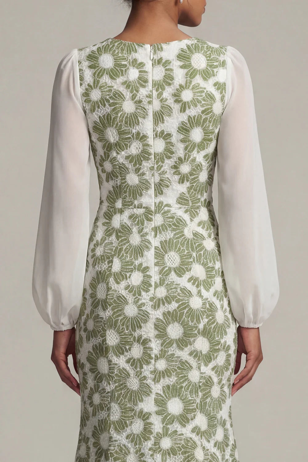 Fresh V-Neck Chiffon Puff Sleeve Green Daisy Floral Lace Mermaid Gown with Side Slit and Open Back Prom Dress