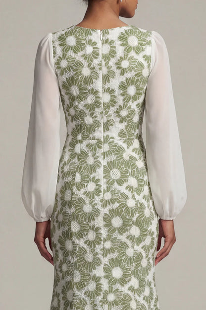 Fresh V-Neck Chiffon Puff Sleeve Green Daisy Floral Lace Mermaid Gown with Side Slit and Open Back Prom Dress