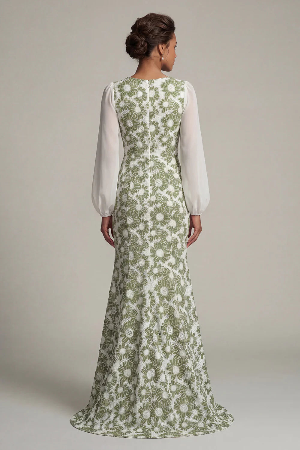 Fresh V-Neck Chiffon Puff Sleeve Green Daisy Floral Lace Mermaid Gown with Side Slit and Open Back Prom Dress