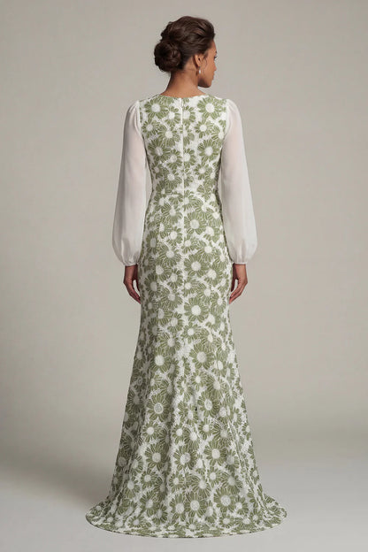 Fresh V-Neck Chiffon Puff Sleeve Green Daisy Floral Lace Mermaid Gown with Side Slit and Open Back Prom Dress