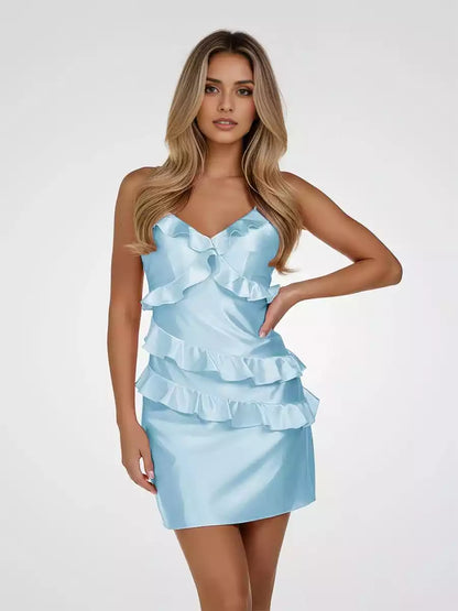 Fresh and elegant satin tight fitting short V-neck ruffled sleeveless lace up back Homecoming Dresses