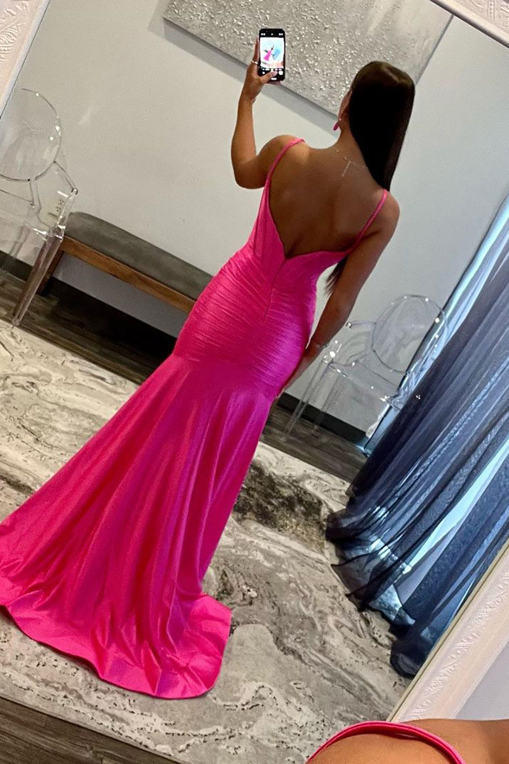 Spaghetti Straps Mermaid Long Satin Prom Dress with Slit