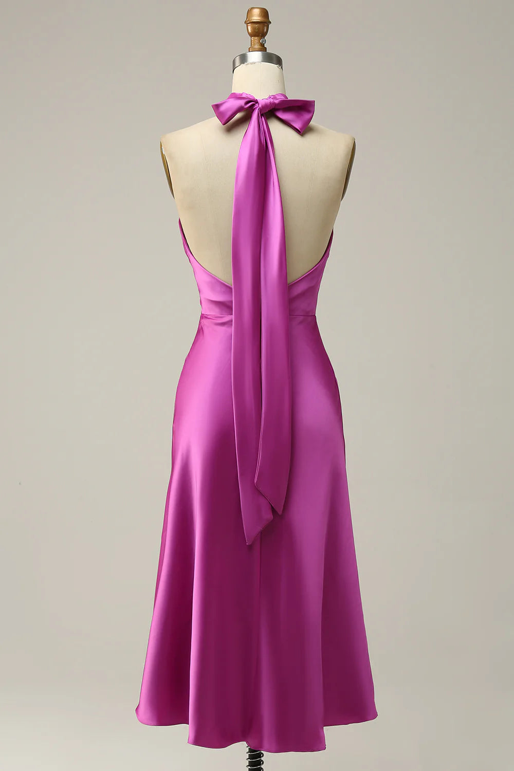 Mermaid Halter Satin Open Back Midi Bridesmaid Dress