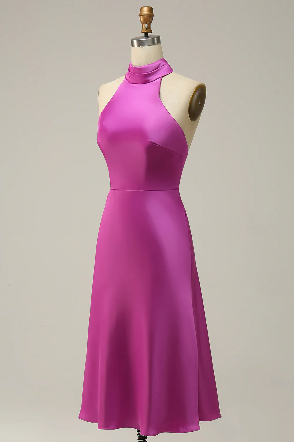 Mermaid Halter Satin Open Back Midi Bridesmaid Dress