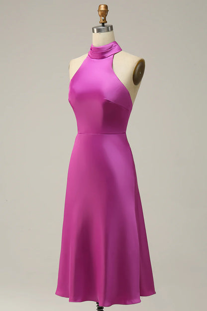 Mermaid Halter Satin Open Back Midi Bridesmaid Dress